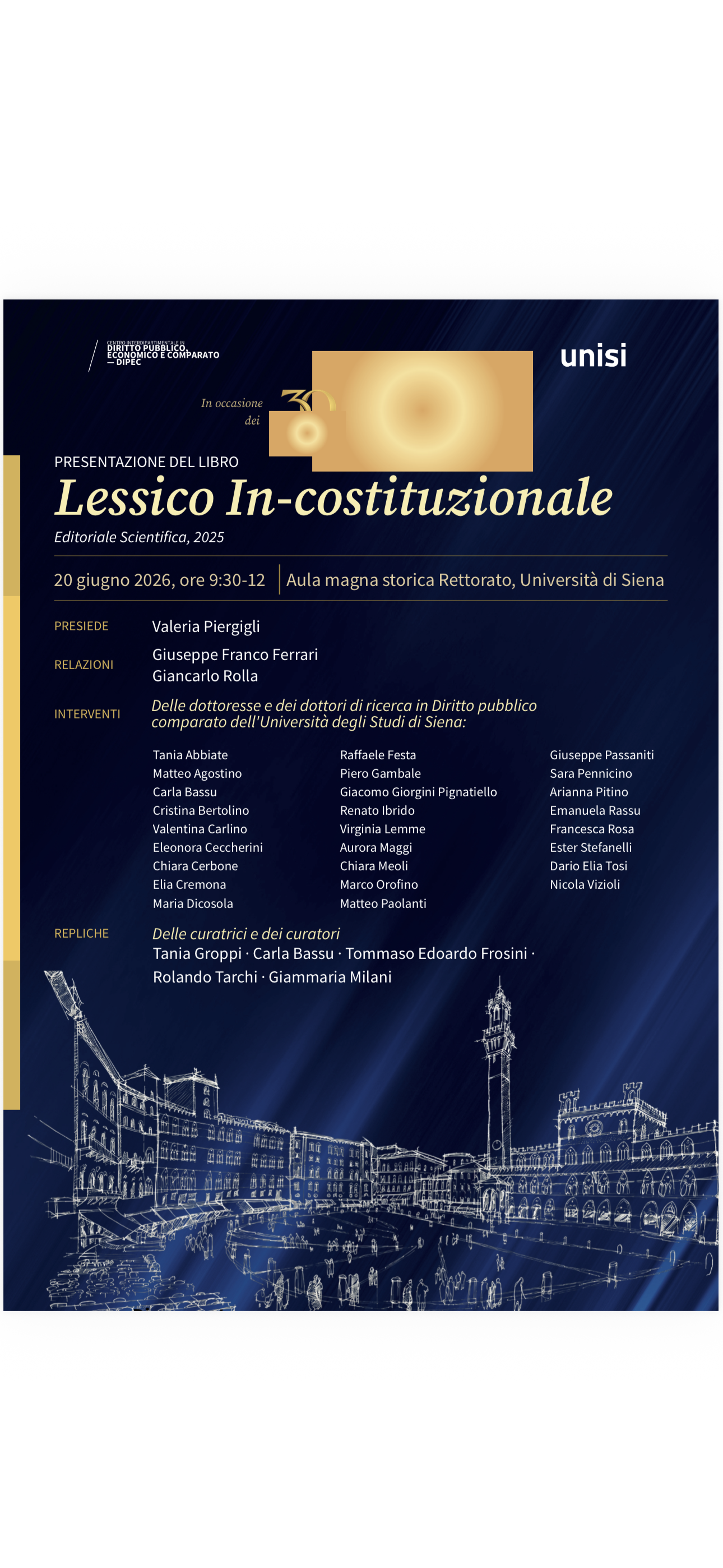 locandina Lessico In-costituzionale, città su sfondo blu